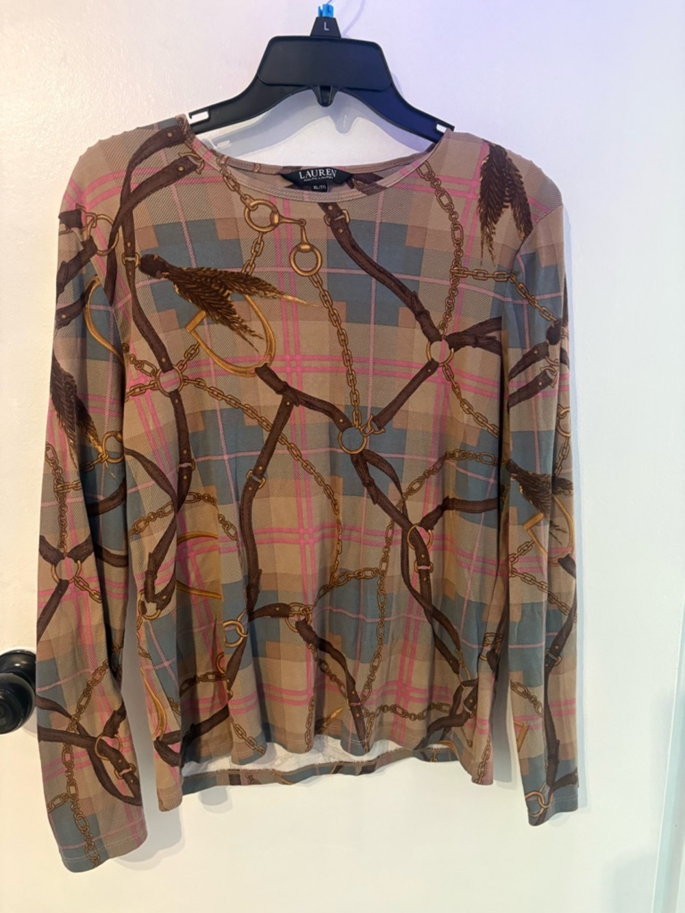 Ralph Lauren Plaid & Chain-Print Long Sleeve Top in Beige, Pink, Gray
